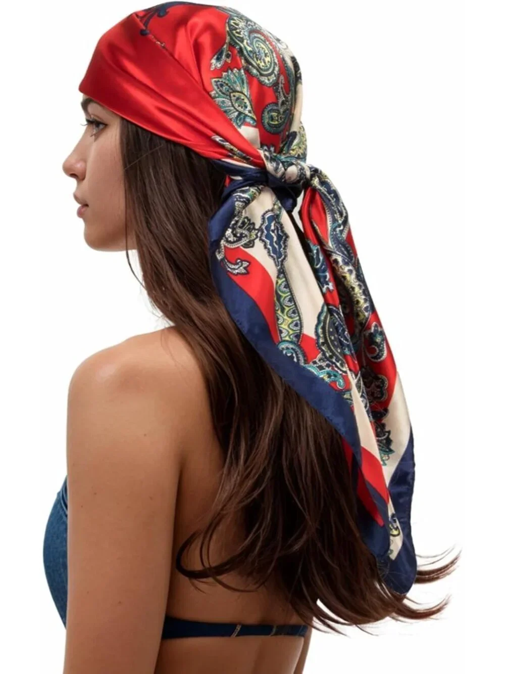 Women's Red Navy Printed Square Scarf Bandanas Hair Scarf 35 Inches